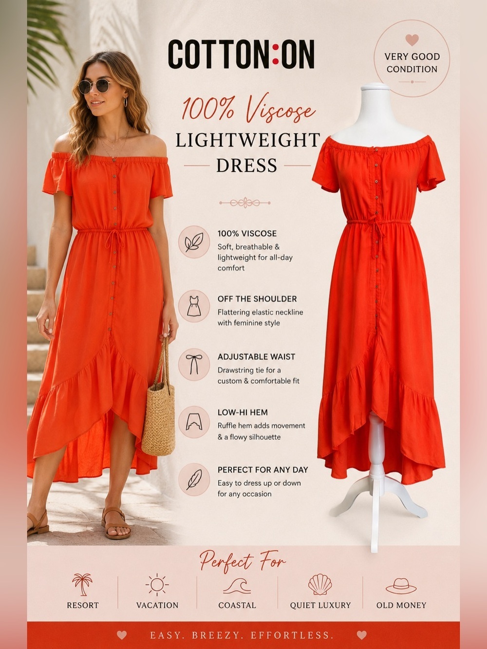 Cotton On 100% Viscose Off Shoulder Midi Dress Orange Hi Lo Resort Vacation S